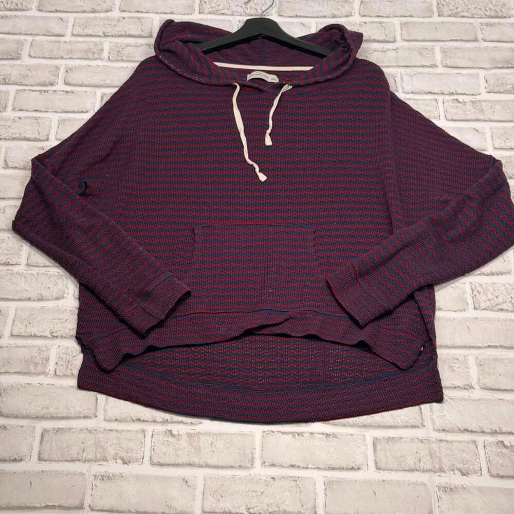 Abercrombie & Fitch Sweater Lightweight Hooded Striped Cropped Red and Navy L‎
